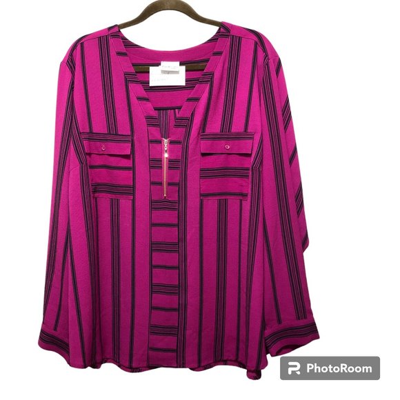Kim Rogers Curvy, Long Sleeve Blouse V-Neck  Women's  Zip Front,  Size 2XL, - Picture 1 of 15